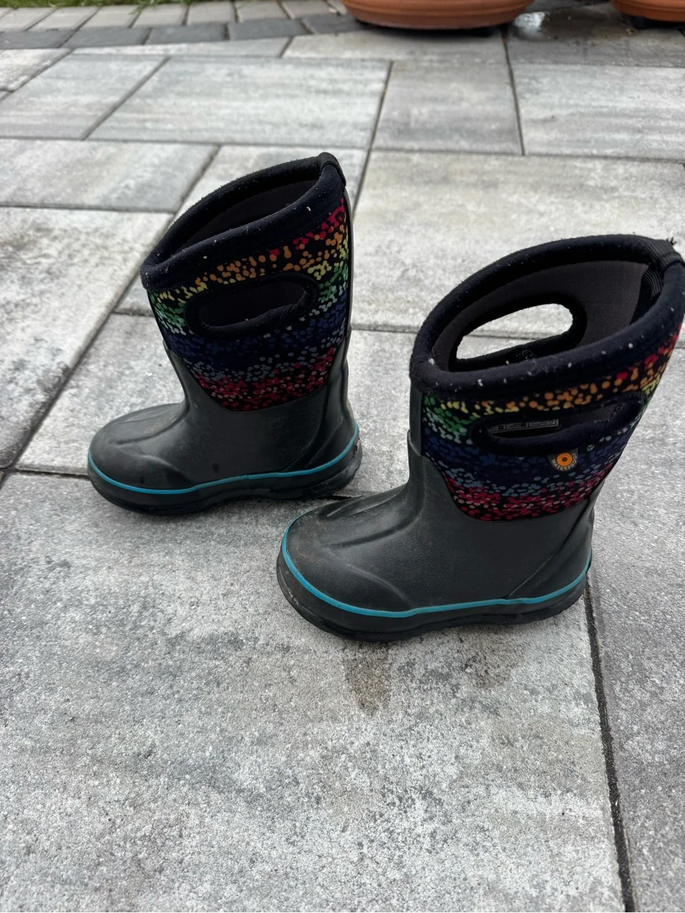 Bogs Kids Black Boots with Rainbow Speckle Cuff